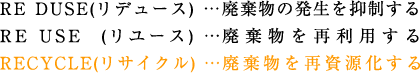 リデュース：廃棄物の発生を抑制する リユース：廃棄物を再利用する リサイクル：廃棄物を再資源化する